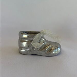Vintage 2001 Silver Plated Very Cute Baby Shoe Trinket with Cream Ribbon